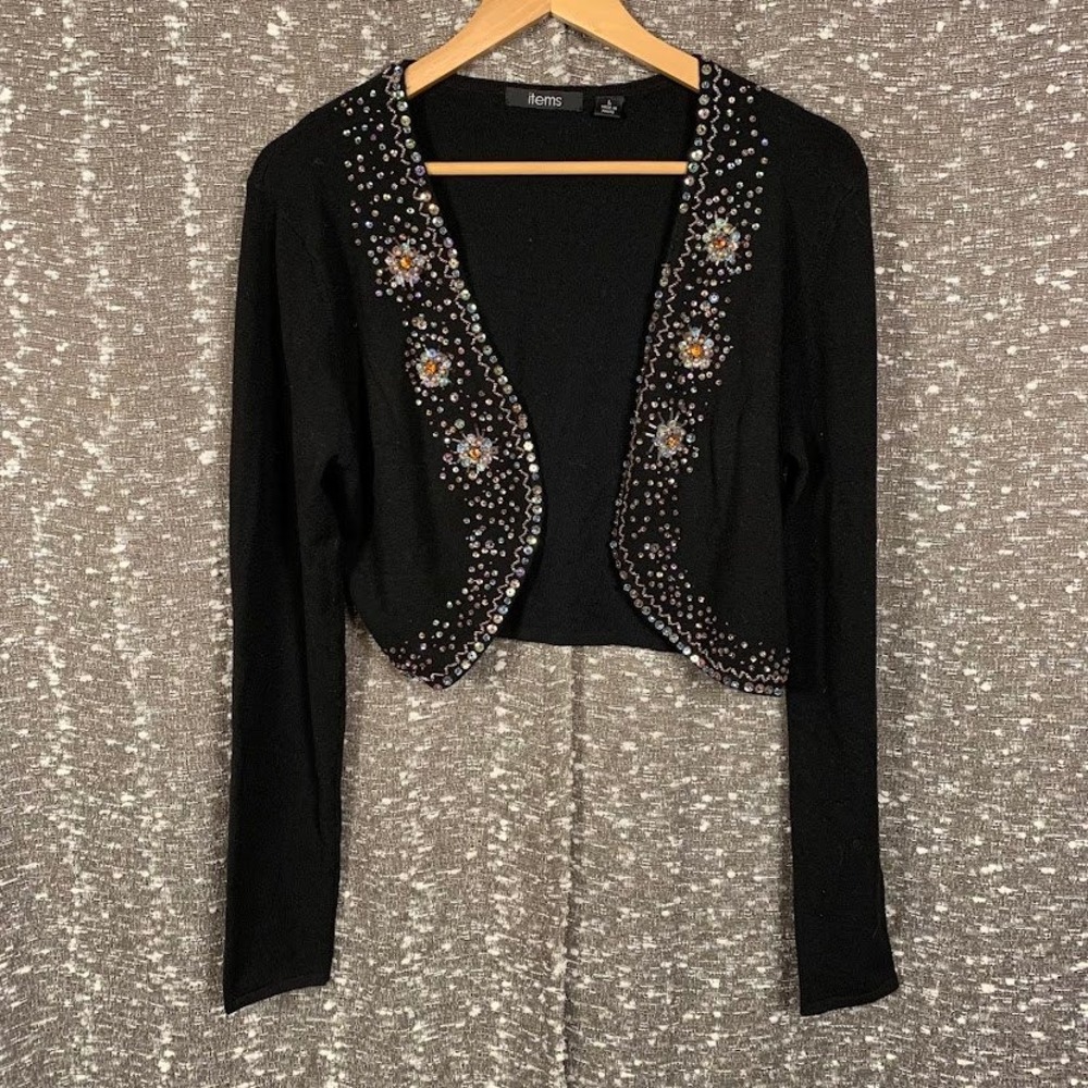 Items Black Beaded Sequin Cropped Cardigan Y2K Whimsigoth Women's Large